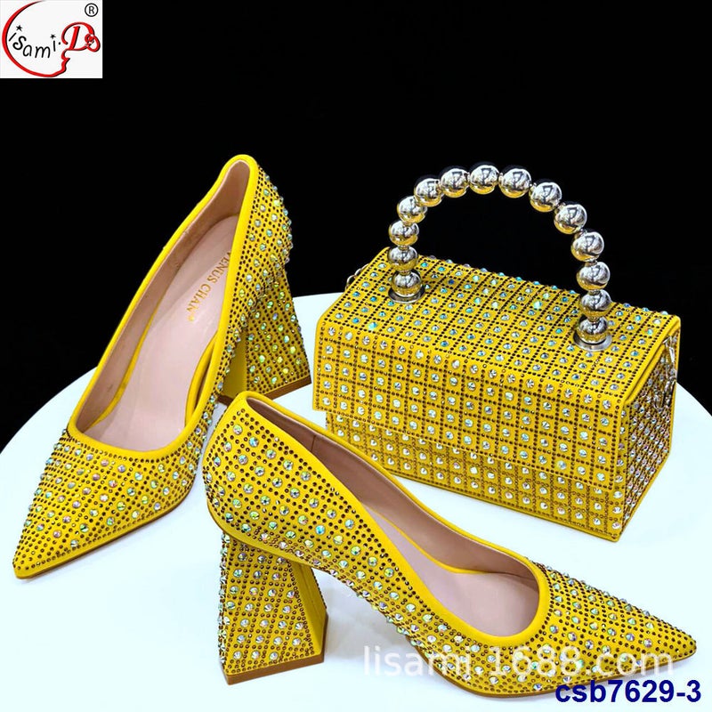 High-Heeled Check Small Flash Diamond Overshoes With Box-Shaped Hand Bag Suit Shoes And Bag Set - Image 2